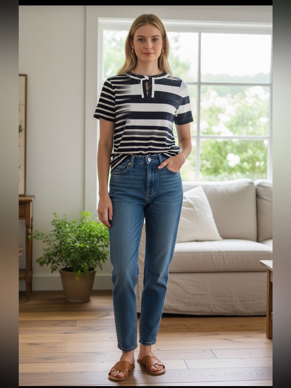 Talbots Black and White Striped Short Sleeve Keyhole Tee Retail $65
